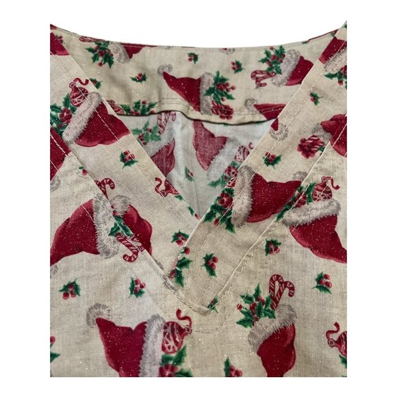 Vintage Handmade Christmas Scrub Top 2X – Santa Hat Holly Print Gold Sparkle – F - Picture 3 of 5